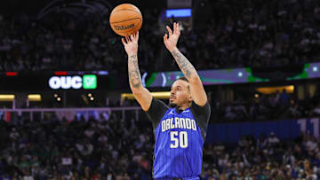 Apr 9, 2025; Orlando, Florida, USA; Orlando Magic guard Cole Anthony (50) shoots a three point basket during the second half against the Boston Celtics at Kia Center. Mandatory Credit: Mike Watters-Imagn Images
