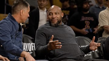 Apr 27, 2024; Los Angeles, California, USA; Los Angeles Lakers head coach Darvin Ham during warms up before game four of the first round for the 2024 NBA playoffs against the Denver Nuggets at Crypto.com Arena. Mandatory Credit: Jason Parkhurst-Imagn Images