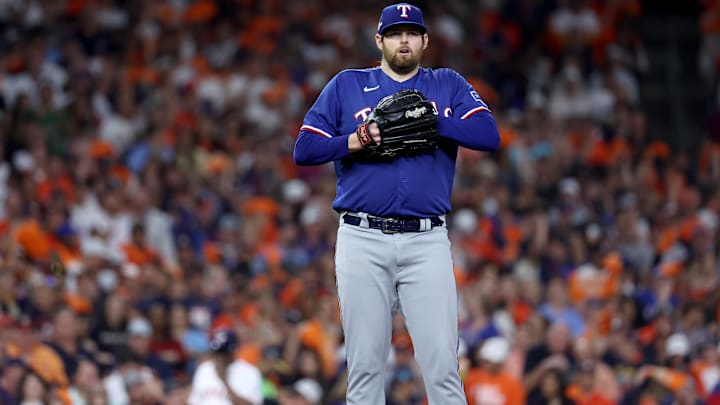Oct 15, 2023; Houston, Texas, USA; Texas Rangers pitcher Jordan Montgomery (52) reacts after a walk