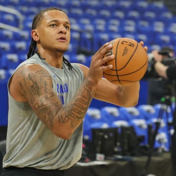 May 3, 2024: Orlando Magic forward Paolo Banchero warms up before game six of the first round for the 2024 NBA playoffs at Kia Center. 