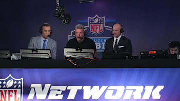 ESPN and NFL Network hosts Daniel Jeremiah, Pat McAfee and Rich Eisen during the 2024 NFL Combine at Lucas Oil Stadium
