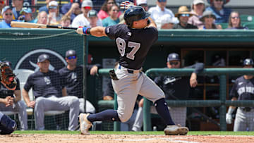 Mar 23, 2024; Lakeland, Florida, USA; New York Yankees third baseman Caleb Durbin (87) bats during the third inning against the Detroit Tigers at Publix Field at Joker Marchant Stadium. Mandatory Credit: Mike Watters-Imagn Images