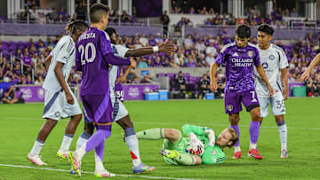 May 31, 2025; Orlando, Florida, USA; Chicago Fire goalkeeper Chris Brady (1) makes a save during the second half against Orlando City at Inter&Co Stadium. Mandatory Credit: Mike Watters-Imagn Images