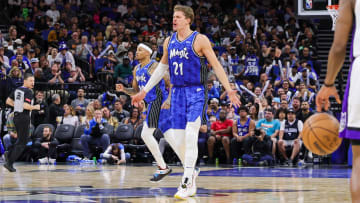 Mar 23, 2024; Orlando, Florida, USA; Orlando Magic center Moritz Wagner (21) reacts during the