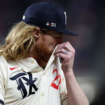 Aug 30, 2024; Arlington, Texas, USA; Texas Rangers pitcher Jon Gray (22) walks off the mound after the third inning against the Oakland Athletics at Globe Life Field. 