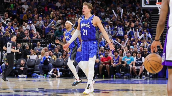 Mar 23, 2024; Orlando, Florida, USA; Orlando Magic center Moritz Wagner (21) reacts during the