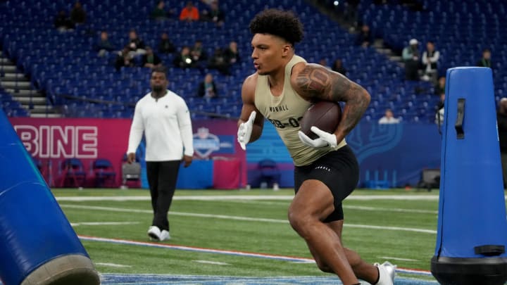 Mar 2, 2024; Indianapolis, IN, USA; Wisconsin running back Braelon Allen (RB02) during the 2024 NFL Combine at Lucas Oil Stadium. Mandatory Credit: Kirby Lee-USA TODAY Sports