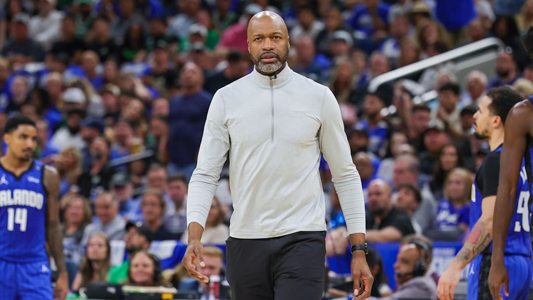 Orlando Magic head coach Jamahl Mosley walks onto the court during a timeout in the second quarter of game three of the first round for the 2024 NBA Playoffs at Kia Center.