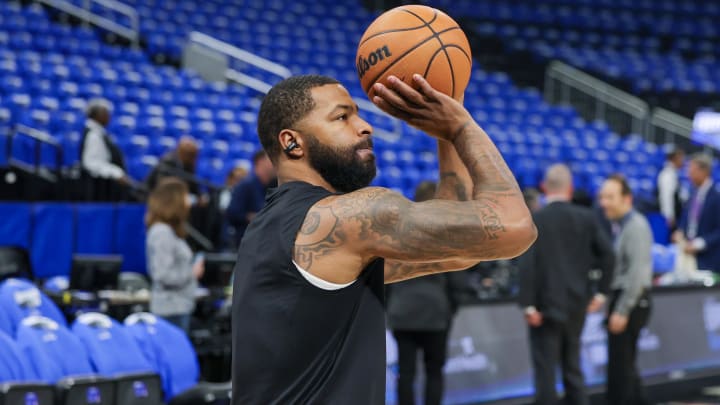 Apr 25, 2024; Orlando, Florida, USA; Cleveland Cavaliers forward Marcus Morris Sr. (24) warms up before game three of the first round for the 2024 NBA playoffs at Kia Center. Mandatory Credit: Mike Watters-USA TODAY Sports