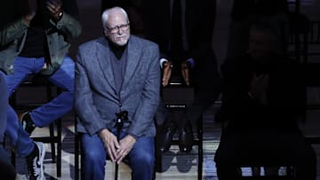 Jan 12, 2024; Chicago, Illinois, USA; Chicago Bulls class of 2024 Ring of Honor inductee and former head coach Phil Jackson is honored during the inaugural ceremony at halftime of a game between the Bulls and Golden State Warriors at United Center. Mandatory Credit: Kamil Krzaczynski-Imagn Images