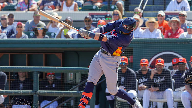 Feb 26, 2024; Lakeland, Florida, USA; Houston Astros first baseman Trey Cabbage (38) bats during the first inning against the Detroit Tigers at Publix Field at Joker Marchant Stadium. Mandatory Credit: Mike Watters-USA TODAY Sports