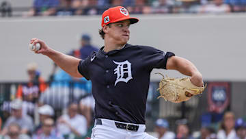 Mar 13, 2025; Lakeland, Florida, USA; Detroit Tigers pitcher Jackson Jobe (21) pitches during the first inning against the New York Yankees at Publix Field at Joker Marchant Stadium. Mandatory Credit: Mike Watters-Imagn Images