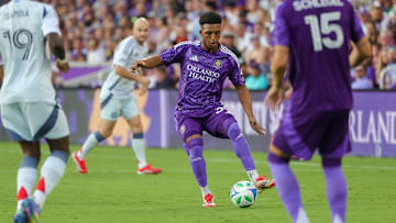 May 31, 2025; Orlando, Florida, USA; Orlando City defender Alex Freeman (30) kicks the ball during the first half against the Chicago Fire at Inter&Co Stadium. Mandatory Credit: Mike Watters-Imagn Images