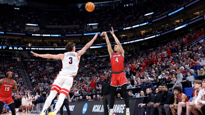 Mar 23, 2024; Salt Lake City, UT, USA; Dayton Flyers guard Koby Brea (4) shoots against Arizona Wildcats guard Pelle Larsson (3) during the second half in the second round of the 2024 NCAA Tournament at Vivint Smart Home Arena-Delta Center. Mandatory Credit: Rob Gray-USA TODAY Sports