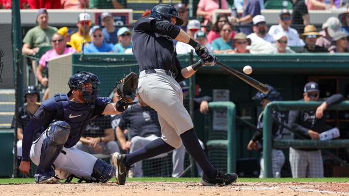 Mar 23, 2024; Lakeland, Florida, USA; New York Yankees designated hitter Ben Rice (93) bats during the third inning against the Detroit Tigers at Publix Field at Joker Marchant Stadium. Mandatory Credit: Mike Watters-USA TODAY Sports