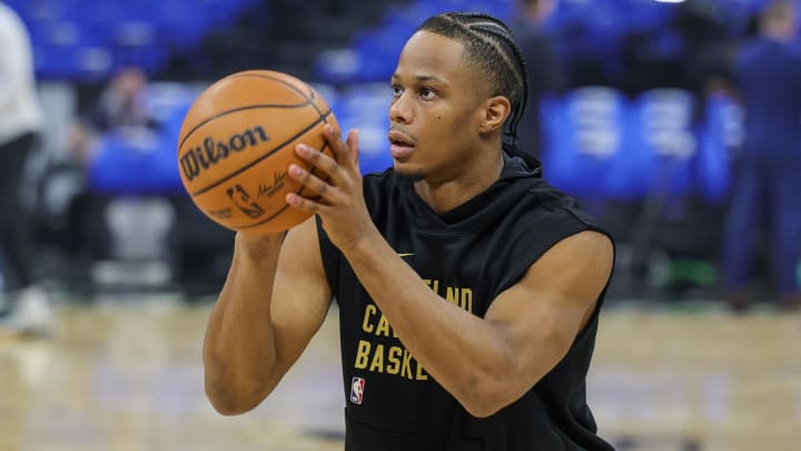 Apr 25, 2024; Orlando, Florida, USA; Cleveland Cavaliers forward Isaac Okoro (35) warms up before game three of the first round for the 2024 NBA playoffs at Kia Center.