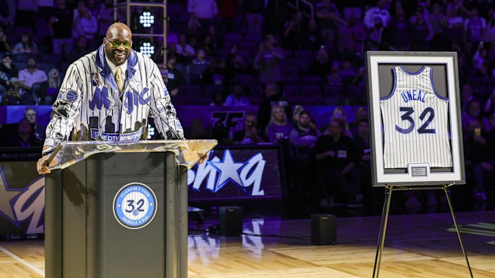 Shaquille O'Neal during a post-game ceremony where the Orlando Magic retired his #32 jersey at Amway Center. Shaquille O'Neal during a post-game ceremony where the Orlando Magic retired his #32 jersey at Amway Center.