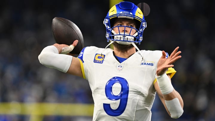 Jan 14, 2024; Detroit, Michigan, USA; Los Angeles Rams quarterback Matthew Stafford (9) warms up before a 2024 NFC wild card game against the Detroit Lions at Ford Field. Mandatory Credit: Lon Horwedel-USA TODAY Sports