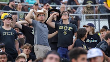 Sep 28, 2024; Orlando, Florida, USA; UCF Knights fans pose for a picture during the second quarter against the Colorado Buffaloes at FBC Mortgage Stadium. Mandatory Credit: Mike Watters-Imagn Images