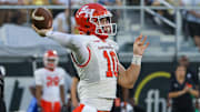 Sep 7, 2024; Orlando, Florida, USA; Sam Houston State Bearkats quarterback Hunter Watson (10) passes the ball during the first quarter against the UCF Knights at FBC Mortgage Stadium. Mandatory Credit: Mike Watters-Imagn Images