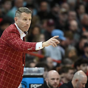 Mar 24, 2024; Spokane, WA, USA; Alabama Crimson Tide head coach Nate Oates reacts in the second half against the Grand Canyon Antelopes at Spokane Veterans Memorial Arena. Mandatory Credit: James Snook-Imagn Images