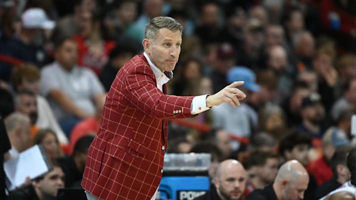 Mar 24, 2024; Spokane, WA, USA; Alabama Crimson Tide head coach Nate Oates reacts in the second half against the Grand Canyon Antelopes at Spokane Veterans Memorial Arena. Mandatory Credit: James Snook-Imagn Images