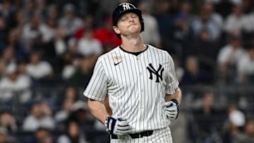 Jun 8, 2025; Bronx, New York, USA; New York Yankees second baseman DJ LeMahieu (26) reacts during the eighth inning against the Boston Red Sox at Yankee Stadium. Mandatory Credit: John Jones-Imagn Images