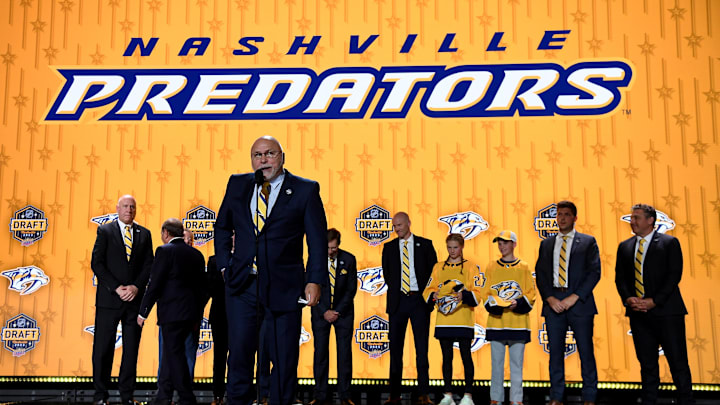 Jun 28, 2023; Nashville, Tennessee, USA; Nashville Predators incoming general manager Barry Trotz during round one of the 2023 NHL Draft at Bridgestone Arena. Mandatory Credit: Christopher Hanewinckel-USA TODAY Sports