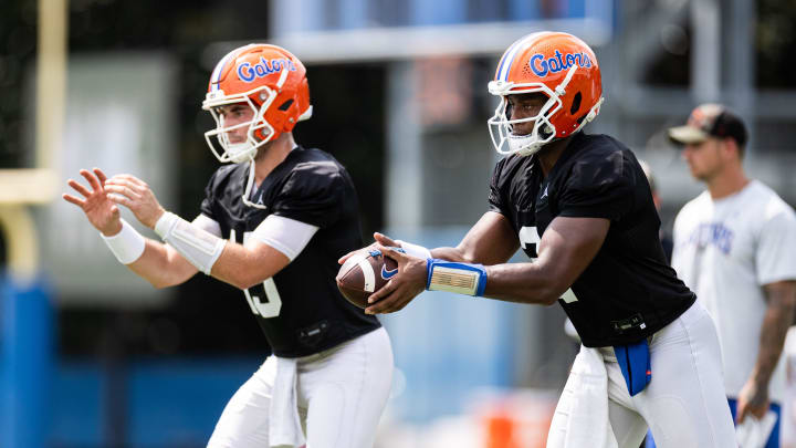 Florida Gators quarterbacks DJ Lagway (2) and Graham Mertz (15) will need to use their mobility to keep the Miami Hurricanes off balance. 