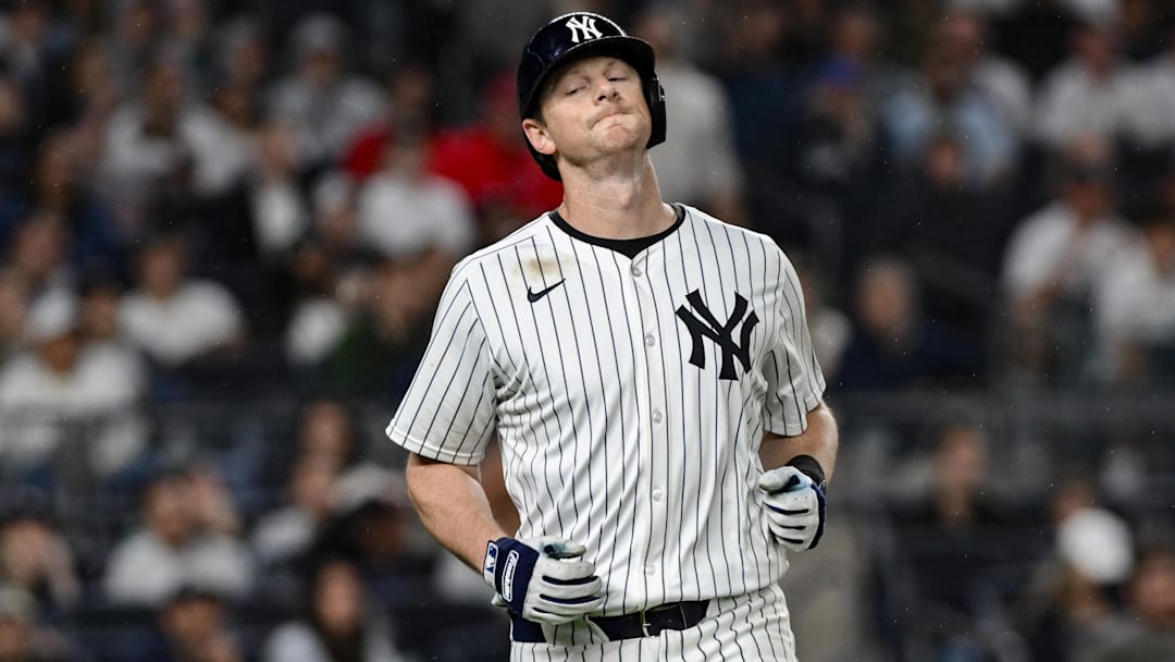 Jun 8, 2025; Bronx, New York, USA; New York Yankees second baseman DJ LeMahieu (26) reacts during the eighth inning against the Boston Red Sox at Yankee Stadium. Mandatory Credit: John Jones-Imagn Images