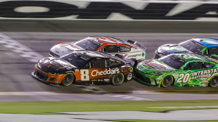 Aug 24, 2024; Daytona Beach, Florida, USA; NASCAR Cup Series driver Kyle Busch (8) is out front in the first lap of overtime during the Coke 400 at Daytona International Speedway. Mandatory Credit: Mike Watters-USA TODAY Sports