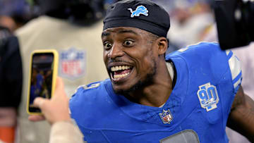 Jan 14, 2024; Detroit, Michigan, USA; Detroit Lions safety C.J. Gardner-Johnson (2) celebrates after a 2024 NFC wild card game against the Los Angeles Rams at Ford Field. Mandatory Credit: Lon Horwedel-Imagn Images