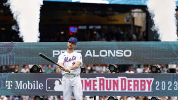 Jul 10, 2023; Seattle, Washington, USA; New York Mets first baseman Pete Alonso (20) before the All-Star Home Run Derby at T-Mobile Park.  Mandatory Credit: Joe Nicholson-USA TODAY Sports