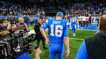 Detroit Lions quarterback Jared Goff walks off the field after losing to the Washington Commanders 45-31 in the NFC divisional round of the NFL playoffs at Ford Field in Detroit, Saturday, Jan. 18, 2025.