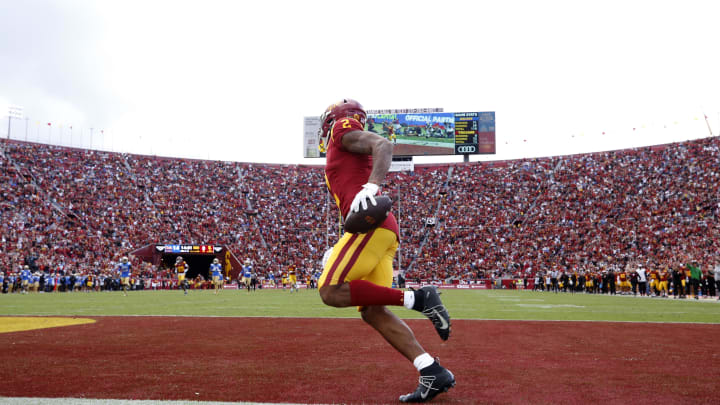Nov 18, 2023; Los Angeles, California, USA; USC Trojans wide receiver Brenden Rice (2) reacts after