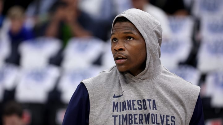 May 30, 2024; Minneapolis, Minnesota, USA; Minnesota Timberwolves guard Anthony Edwards (5) warms up before game five of the western conference finals for the 2024 NBA playoffs against the Dallas Mavericks at Target Center. Mandatory Credit: Jesse Johnson-USA TODAY Sports