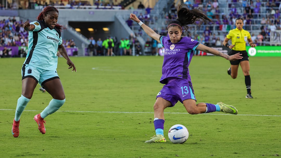 Nov 16, 2025; Orlando, Florida, USA; Orlando Pride midfielder Jacqueline Ovalle (13) shoots on goal during the second half against NJ/NY Gotham FC at Inter&Co Stadium. Mandatory Credit: Mike Watters-Imagn Images