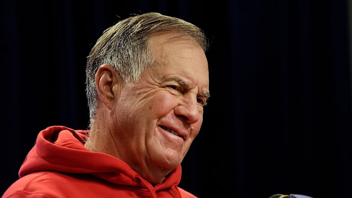 2022: Patriot head coach Bill Belichick smiles during questions at a press conference before a New England Patriots practice at Gillette Stadium in preparation for their home opener vs the Baltimore Ravens.