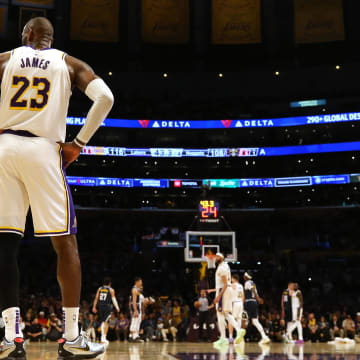 Apr 27, 2024; Los Angeles, California, USA; Los Angeles Lakers forward LeBron James (23) during the fourth quarter in game four of the first round for the 2024 NBA playoffs against the Denver Nuggets at Crypto.com Arena. Mandatory Credit: Jason Parkhurst-USA TODAY Sports
