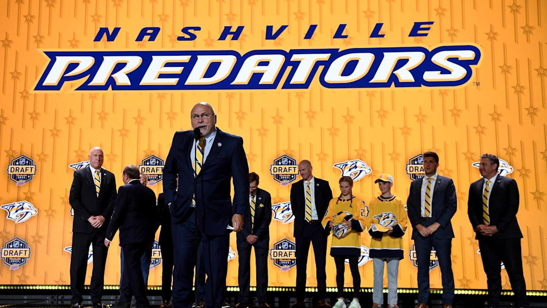 Jun 28, 2023; Nashville, Tennessee, USA; Nashville Predators incoming general manager Barry Trotz during round one of the 2023 NHL Draft at Bridgestone Arena. Mandatory Credit: Christopher Hanewinckel-Imagn Images
