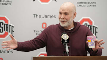It was all smiles for Ohio State football defensive coordinator Jim Knowles as he spoke with the media Tuesday, January 14, 2025 in the Woody Hayes Athletic Facility.