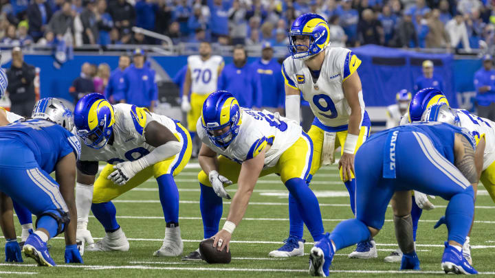 Jan 14, 2024; Detroit, Michigan, USA; Los Angeles Rams quarterback Matthew Stafford (9) calls signals during the second half of a 2024 NFC wild card game against the Detroit Lions at Ford Field. Mandatory Credit: David Reginek-USA TODAY Sports Jan 14, 2024; Detroit, Michigan, USA; Los Angeles Rams quarterback Matthew Stafford (9) calls signals during the second half of a 2024 NFC wild card game against the Detroit Lions at Ford Field. Mandatory Credit: David Reginek-USA TODAY Sports