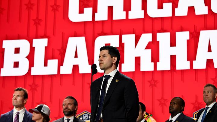 Jun 28, 2023; Nashville, Tennessee, USA; Chicago Blackhawks general manager Kyle Davidson makes the nineteenth pick in round one of the 2023 NHL Draft at Bridgestone Arena. Mandatory Credit: Christopher Hanewinckel-Imagn Images