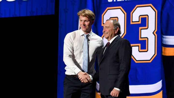 Jun 28, 2023; Nashville, Tennessee, USA; St. Louis Blues draft pick Otto Stenberg shakes hands with NHL commissioner Gary Bettman after being selected with the twenty fifth pick in round one of the 2023 NHL Draft at Bridgestone Arena. Mandatory Credit: Christopher Hanewinckel-USA TODAY Sports