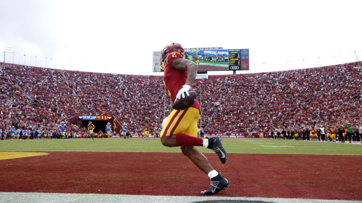 Nov 18, 2023; Los Angeles, California, USA; USC Trojans wide receiver Brenden Rice (2) reacts after scoring a touchdown during the second quarter against the UCLA Bruins at United Airlines Field at Los Angeles Memorial Coliseum. Mandatory Credit: Jason Parkhurst-USA TODAY Sports