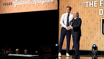 Jun 28, 2023; Nashville, Tennessee, USA; Vegas Golden Knights draft pick David Edstrom shakes hands with NHL commissioner Gary Bettman after being selected with the thirty second pick in round one of the 2023 NHL Draft at Bridgestone Arena. Mandatory Credit: Christopher Hanewinckel-USA TODAY Sports