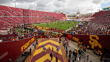 Nov 18, 2023; Los Angeles, California, USA; United Airlines Field at Los Angeles Memorial Coliseum before a game between the UCLA Bruins and USC Trojans. Mandatory Credit: Jason Parkhurst-USA TODAY Sports