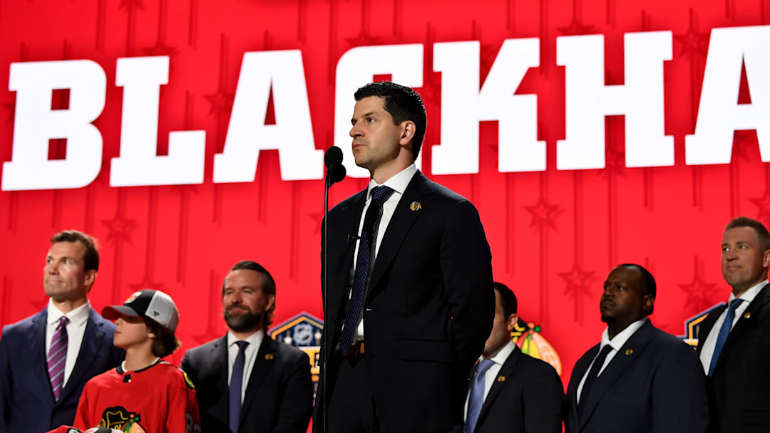Jun 28, 2023; Nashville, Tennessee, USA; Chicago Blackhawks general manager Kyle Davidson makes the nineteenth pick in round one of the 2023 NHL Draft at Bridgestone Arena. Mandatory Credit: Christopher Hanewinckel-Imagn Images
