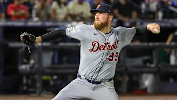 Jun 20, 2025; St. Petersburg, Florida, USA; Detroit Tigers pitcher Matt Gage (99) pitches during the fourth inning against the Tampa Bay Rays at George M. Steinbrenner Field.