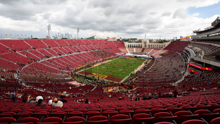 Nov 18, 2023; Los Angeles, California, USA; United Airlines Field at Los Angeles Memorial Coliseum before a game between the UCLA Bruins and USC Trojans. Mandatory Credit: Jason Parkhurst-USA TODAY Sports